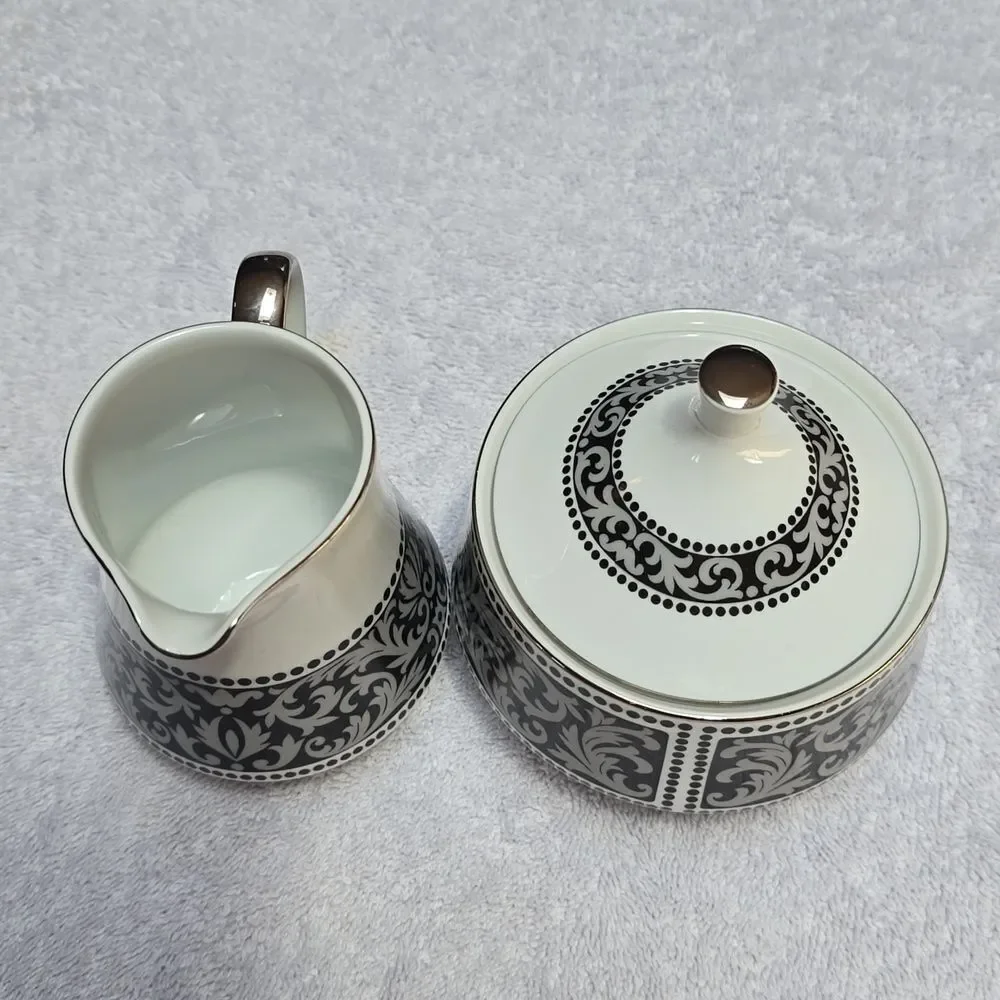 VTG Mikasa SUTTON 0Bone China Creamer Covered Sugar Bowl Black White Narumi Japa